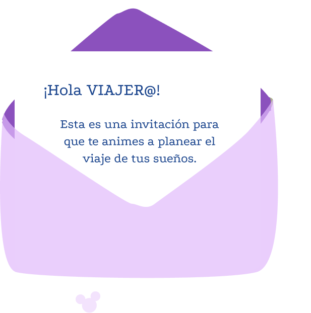 Carta apierta mostrando una hoja que dice: ¡Hola Viajero!, Esta es una invitación para que te animes a planear el viaje de tus sueños.